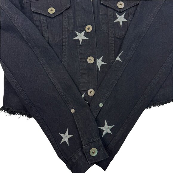 PISTOLA Star Embroidered Denim Jacket S Black Raw Hem Silver Stars Jean Jacket - Picture 5 of 8